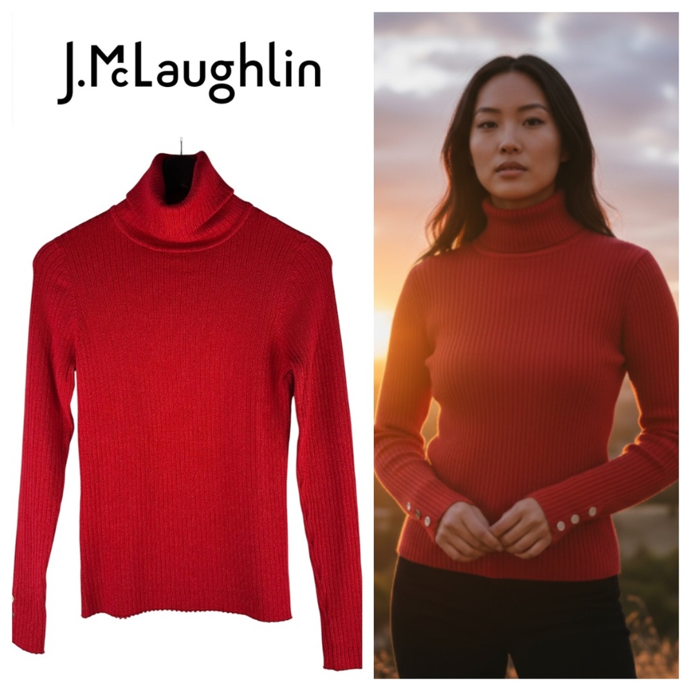 J.McLaughlin Arlette Turtleneck Sweater Sz Large Red Sparkle Ribbed Quiet Luxury